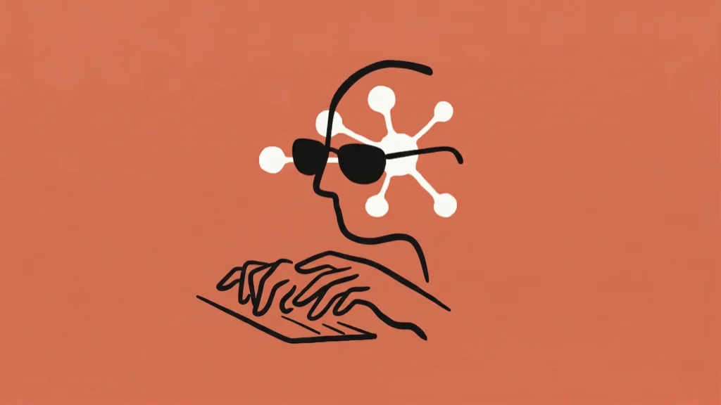 Line drawing of a developer in dark sunglasses typing at a keyboard, with the Claude logo radiating from their head